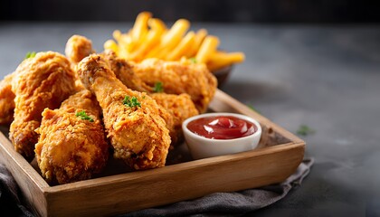 Fried chicken with french fries in wooden plate