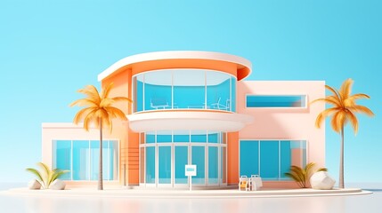 Obraz premium Hyper-modern clinic building model with recessed windows, placed on pastel coral background, medical clean design, sharp realism .