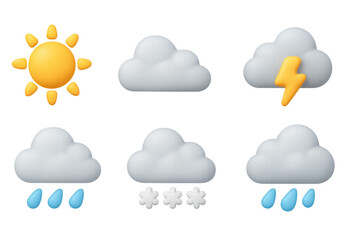 Weather icons set: 3d sun, clouds, lightning, rain, snow for forecast and design