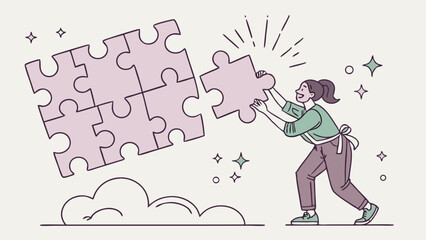 Happy woman completing a large jigsaw puzzle, placing the final piece. Concept of problem-solving, success, and achievement in a modern, minimalist line art illustration.