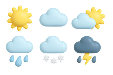 Playful 3d weather icons: sun, clouds, rain, snow, and lightning