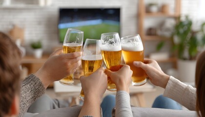 Group of friends drinking beer while watching football match