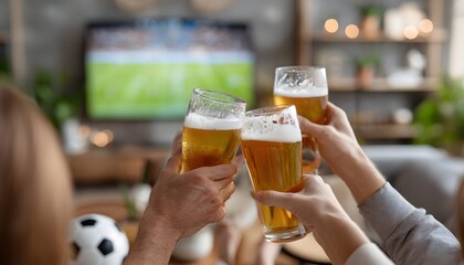 Group of friends drinking beer while watching football match