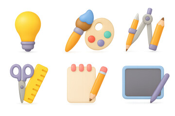 3d art and school tools on transparent background: creativity and learning essentials