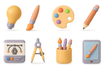 Creative tools collection in 3d style for art and design enthusiasts