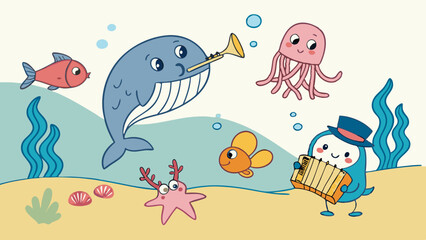 Cute Pastel Vector Cartoon Underwater Band with a Whale Playing Trumpet, Bird Accordion, Jellyfish, and Fish. Whimsical Marine Life Illustration for Children.