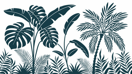 Monochrome vector silhouette of lush tropical jungle plants. Exotic palm trees, monstera, and banana leaves form a stylish botanical border illustration for design.