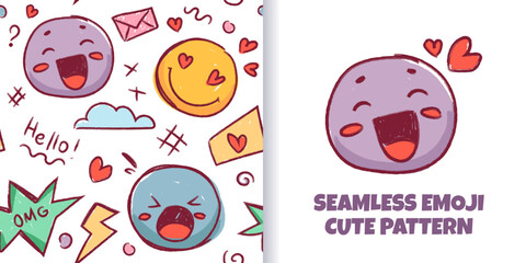 Cute seamless pattern of colorful hand drawn doodle emoji faces. Vector crayon scribbles with emoticons, heart, crown, underline, punctuation, speech. Perfect for wallpapers, fabrics, and backgrounds