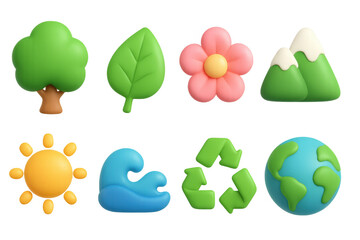 Colorful 3d nature icons: eco, green energy, environment symbols for design