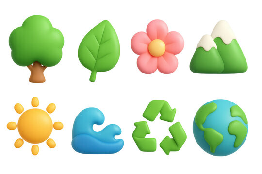 Colorful 3d nature icons: eco, green energy, environment symbols for design