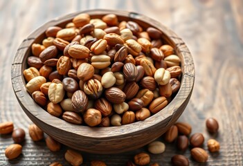 Fototapeta premium A rustic wooden bowl overflowing with organic nuts & seeds, clean background, nourishment, sustainable