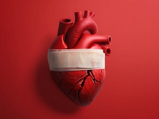 Broken Heart with Bandage on Red Background Representing Healing and Recovery