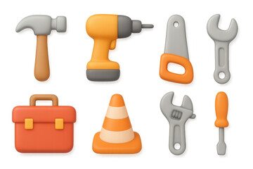 Colorful 3d tools set with construction icons and equipment