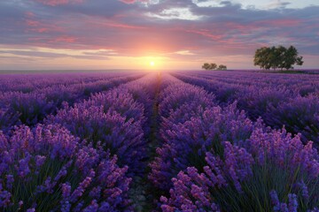 Obraz premium Vast lavender field under a dramatic pink and orange sunset sky with distant trees