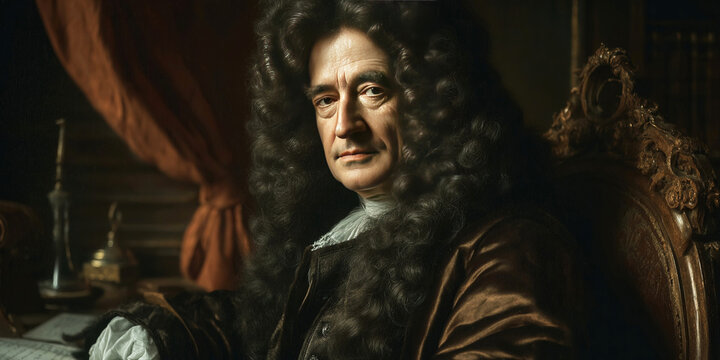 Historical portrait of a man in 17th century attire with elaborate curls in a dimly lit room