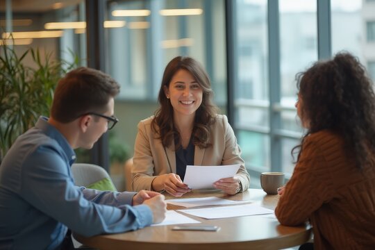 Smiling businesswoman discussing paperwork with diverse colleagues at a table in the lounge area of an office complex