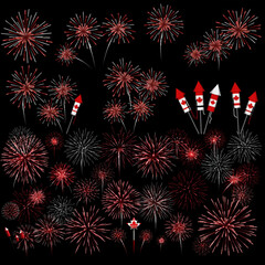 Celebration graphic showcasing festive fireworks and rocket designs, decorated with Canadian maple leaves, suitable for various festive occasions.