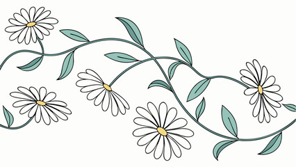 Whimsical white daisy flowers with yellow centers and green leaves vine illustration. Simple, elegant floral border design, perfect for spring and summer decorative patterns.