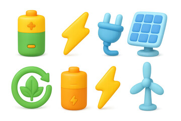3d energy icons: battery, solar, wind, and eco-friendly symbols for sustainable technology