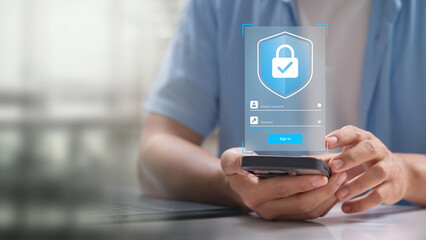 Secure mobile login interface with password and encryption. User sign in on smartphone for...