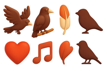 Cute 3d bird and feather set with heart and music icons