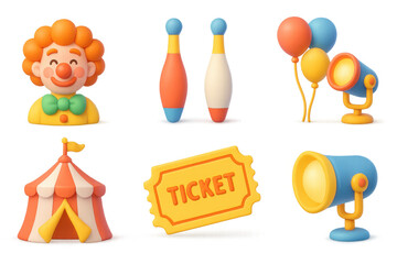 Colorful carnival icons with clown, tent, balloons, and ticket in 3d style