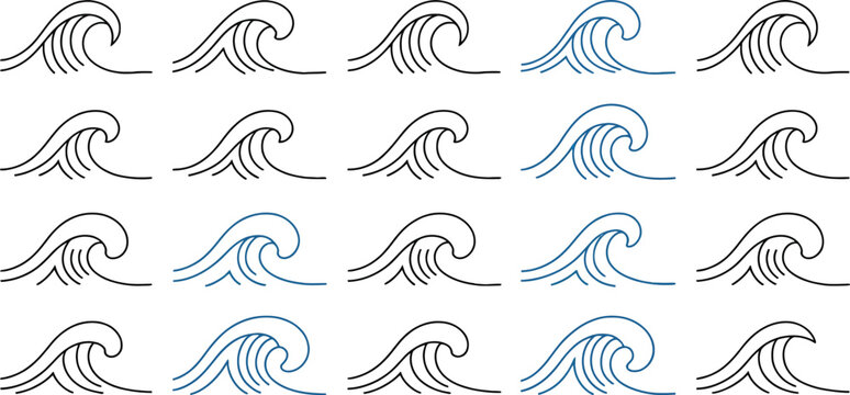Sea waves line art collection, ocean wave icon set, simple water waves pattern