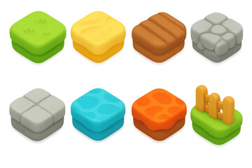 Set of colorful 3d isometric tiles with diverse textures for game design