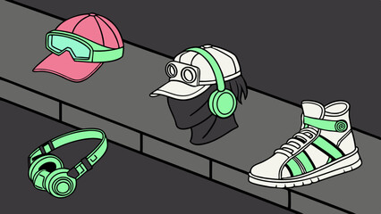 Isometric urban streetwear accessories collection with pink cap, green goggles, headphones, masked figure, and white high-top sneaker display