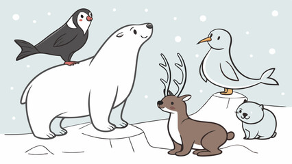 Adorable Cartoon Arctic Animals Digital Illustration of a Polar Bear Puffin Reindeer and Seagull With a Cub in a Snowy Winter Scene
