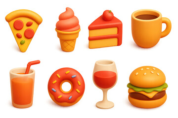Colorful 3d food icons featuring pizza, burger, and desserts