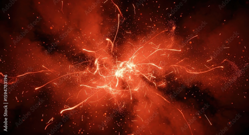 Wall mural abstract image of a fiery explosion with glowing particles and streaks of light emanating from a cen