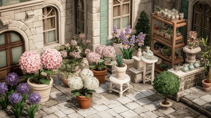 Fototapeta premium A charming courtyard scene filled with various flowering plants in terracotta pots.