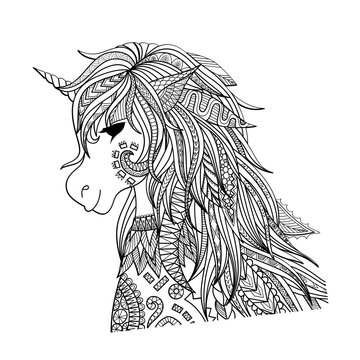 Intricate zentangle style unicorn head drawing isolated on white background