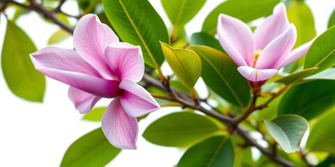 Obraz premium A vibrant purple magnolia liliiflora blossom on a branch with green leaves, isolated on white, flower power, spring
