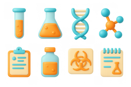 3d science icons set featuring dna, molecule, and laboratory equipment in blue and orange