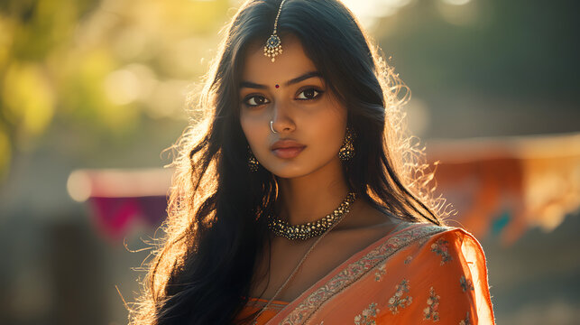 Portrait of a beautiful indian woman in traditional attire with golden jewelry and a nose ring
