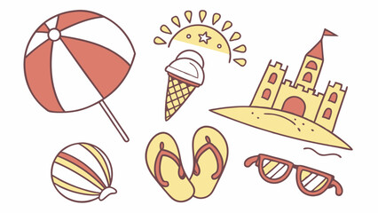 Vibrant summer beach vacation holiday icons set with a sandcastle umbrella ice cream sun flip flops sunglasses and beach ball in a cute simple line art style