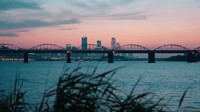 서울 한강 양화대교 노을 풍경 | 바람에 흔들리는 풀잎과 도심 스카이라인
| Sunset over Yanghwa Bridge, Han River Seoul | Swaying Grasses and Urban Skyline
