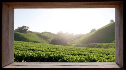 Scenic View of Rolling Green Hills and Sunlit Tea Plantation Framed by Rustic Wooden Window