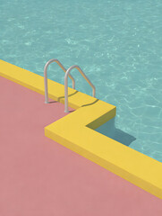 Cool aqua pool water shimmers next to a bright yellow border with pink patio and silver ladder providing entry