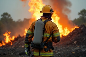 Naklejka premium Back view of brave fireman in protective uniform standing with hose and extinguishing fire on dump in nature
