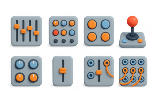 3d diverse control panels with joystick and knobs for interface design