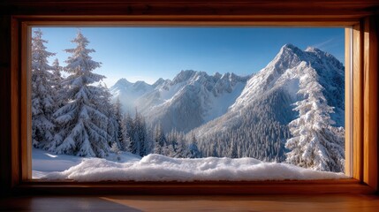 Breathtaking Snow-Covered Mountain Landscape Seen Through a Rustic Wooden Window in Winter