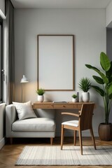 Open-plan apartment mockup, gray sofa, wooden desk, plants, elegant accessories , elegant, furniture, mockup