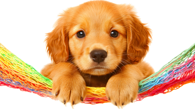 Playful golden retriever puppy in colorful hammock indoor setting adorable pet portrait