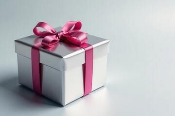 Obraz premium Silver gift box with ribbon and bow on silver background , shiny, silver bow