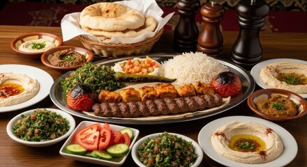 An overhead shot of a Middle Eastern feast featuring grilled kebabs, rice, salads, hummus, and pita bread arranged on a wooden table.