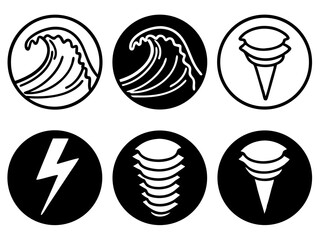 Elemental Icons: A set of six minimalist illustrations of natural phenomena, presented in stark black and white within circular frames, visually representing the raw power and beauty of nature.