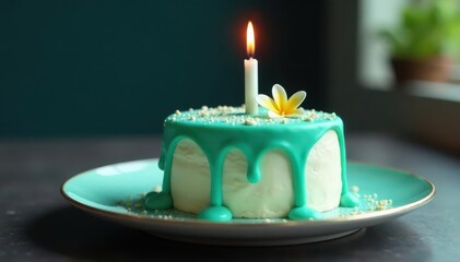 White cake, teal ganache drip, single candle ablaze , birthday cake, candle, confectionery